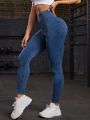 Yoga Basic Blue Seamless Sports Leggings With Washed Effect