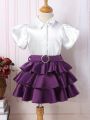 2pcs/Set Baby Girl Bubble Sleeves Solid Color Blouse With Ruffle Hem Skirt, Gorgeous Romantic Cute Everyday Casual Outfits