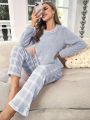 Plush Solid Color Long Sleeve Top And Plaid Pants Homewear Set