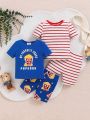 SHEIN Infant Boys' Popcorn Red & White Striped Print Short Sleeve T-shirt And Shorts Four-piece Set