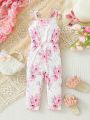 SHEIN Toddler Girls' Casual & Elegant & Romantic Watercolor Flower Print Jumpsuit With Spaghetti Straps, Suitable For Spring And Summer Outfits