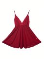 1pc Lace Decorated Sheer Mesh Backless Slip Dress