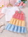 SHEIN Kids Nujoom Sweet, Ladylike, Casual, Fashionable And Trendy Color-Blocked Puff Cute Two-Piece Set For Girls