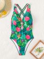 SHEIN Swim Summer Beach Tropical Printed Hollow Out One-Piece Swimsuit