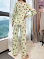 Women's Green Avocado Printed Pajama Set With Round Neckline