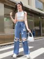 SHEIN Teen Girl Ripped Straight Leg Jeans