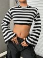 SHEIN Coolane Crop Distressed Sweater With Stripes