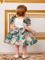 SHEIN Baby Girls' Siblings Matching 3d Floral Pattern Short Sleeve Dress