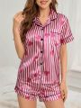 Stripe Heart Printed Satin Pajamas Set