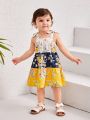 SHEIN Baby Girls' Casual Spliced Flower Pattern Sleeveless Dress With Straps