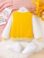 Young Girl Floral Patch Striped Trim Colorblock Varsity Jacket