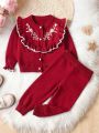 Baby Girls' Knitted Cardigan With Floral Embroidery & Ruffle Trim And Pants Set