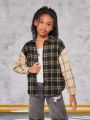 SHEIN Tween Girls' Woven Plaid Patchwork Casual Long Sleeve Shirt