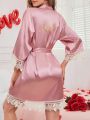 Women'S Lace Patchwork Belted Bathrobe