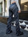 SHEIN Qutie Checked High Waisted Flared Trousers