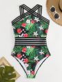 SHEIN Swim Vcay Tropical Print Mesh Splicing Vacation Style One-Piece Swimsuit