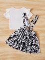 SHEIN Kids QTFun Toddler Girls Panda Print Ruffle Trim Tee & Pinafore Skirt