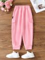 SHEIN Kids EVRYDAY Young Girl Letter Patched Flap Pocket Side Sweatpants