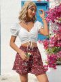 SHEIN WYWH Women'S Vacation Drawstring Short Puff Sleeve Blouse And Floral Print Shorts Two Piece Set