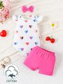 Baby Girls' Heart Print Flutter Sleeve Top And Shorts Set