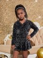 SHEIN Kids Cooltwn Tween Girl 1pc Surplice Neck Sequin Romper