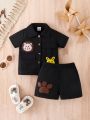 Baby Boy Cartoon Patched Flap Pocket Shirt & Shorts