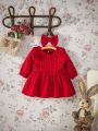 Baby Girls' Solid Color Ruffle Hem Dress With Hairband