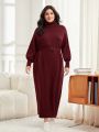 SHEIN Mulvari Plus Size High Collar Lantern Sleeve Belted Sweater Dress