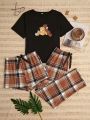 3pcs/Set Bear Plaid Printed Homewear Set