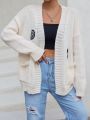 Letter Embroidery Dual Pocket Drop Shoulder Duster Cardigan