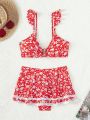 SHEIN Swim Mod Floral Print Ruffled Two-piece Swimsuit