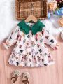 Baby Girls' Contrast Collar Floral Cartoon Print Dress, Autumn And Winter