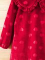 Young Girl Heart Print Statement Collar Lantern Sleeve Dress