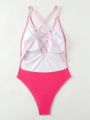 SHEIN Swim BAE Women's Color Block Cross-Front Design One-Piece Swimsuit