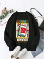 Plus Size Graphic Printed Fleece Lined Sweatshirt For Warm Keeping