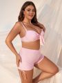 SHEIN Swim Mod Plus Size Color Block Bowknot Strap Swimsuit Set