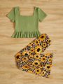 SHEIN Teen Girl's Square Neckline Ruffle Hem Top With Sunflower Print Flared Pants Casual Outfit