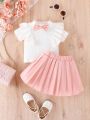 Baby Ruffle Trim Bow Front Tee & Pleated Skirt