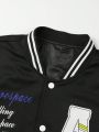 Men Slogan & Rocket Graphic Striped Trim Varsity Jacket