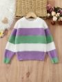 Girls' Round Neck Color Block Striped Sweater