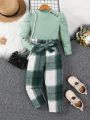 SHEIN Kids SUNSHNE New Arrival Girls' Bubble Sleeve Ribbed T-shirt And Plaid Waist Belt Straight Pants Set