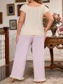 Plus Size Lace Trim Color Block Top And Mushrooms Hem Long Pants Pyjamas Set