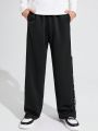 SHEIN Teenage Boys' Casual Loose Fit Side Stripe & Colorblock Patchwork English Print Knitted Straight Leg Pants