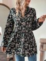 SHEIN LUNE Women's Floral Print Notch Neck Lantern Sleeve Blouse