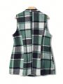 Women's Plus Size Square Collar Checkered Buttoned Vest Coat