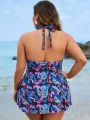 SHEIN Swim Classy Plus Size Tropical Printed Hollow Out Front Tankini Swimsuit Set