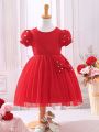 Toddler Girls' Cute Princess Style Beaded Puff Sleeve Mesh Dress, Decorated With Bowknot, Suitable For Party