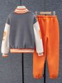 Tween Girls' Grey Bear & Letter Print Baseball Jacket And Orange Sweatpants 2pcs/set