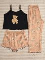 Plus Size Women's Black Cami Top Cute Bear Printed Short Sleeve & Long Pant Homewear Pajama Set (3 Pieces)