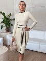 SHEIN Privé Contrast Binding Belted Bodycon Sweater Dress